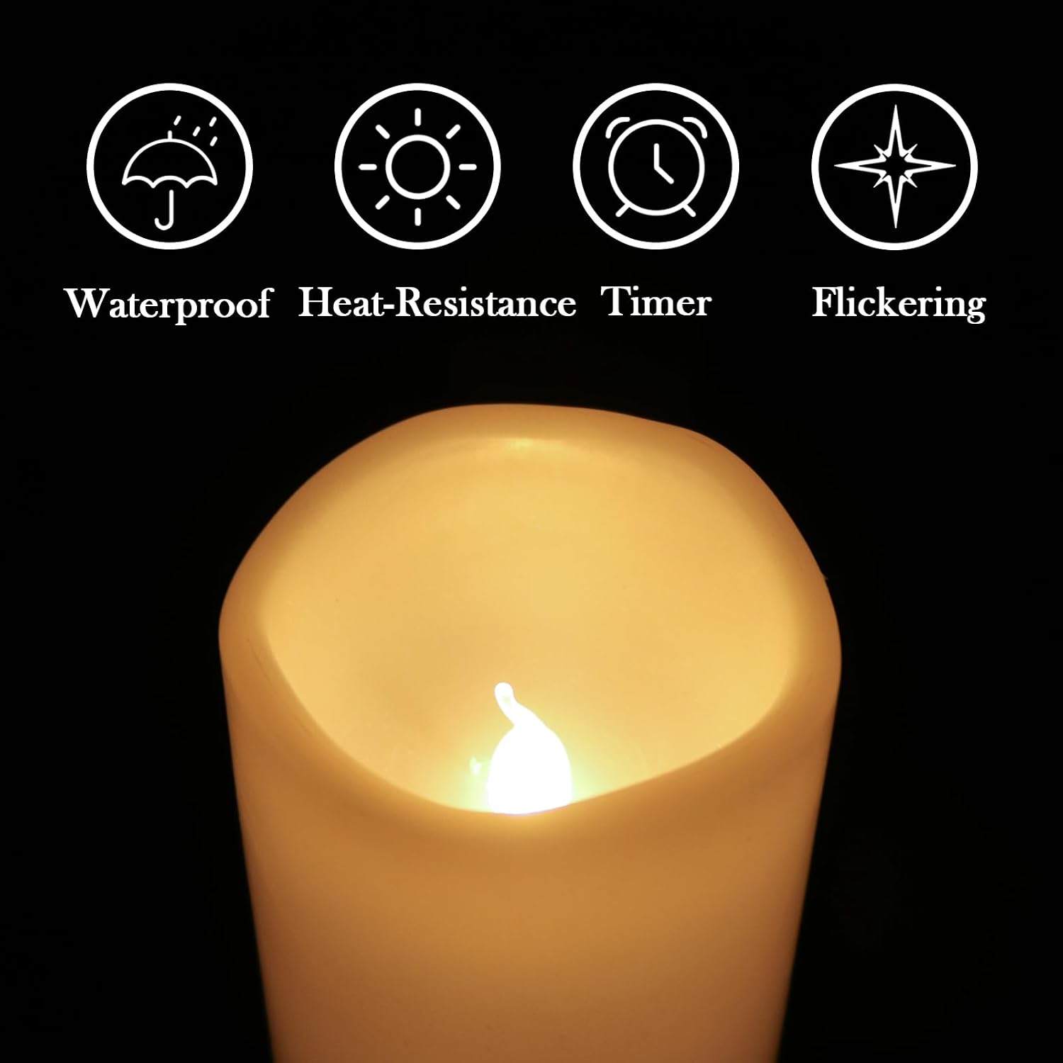 Eldnacele Waterproof Flameless Flickering Candles with 6 Hours Timer, Indoor Outdoor White LED Plastic Battery Operated Pillar Candles Pack of 4 Wedding Dinner Home Decor, D3”x H4” 5” 6” 8”