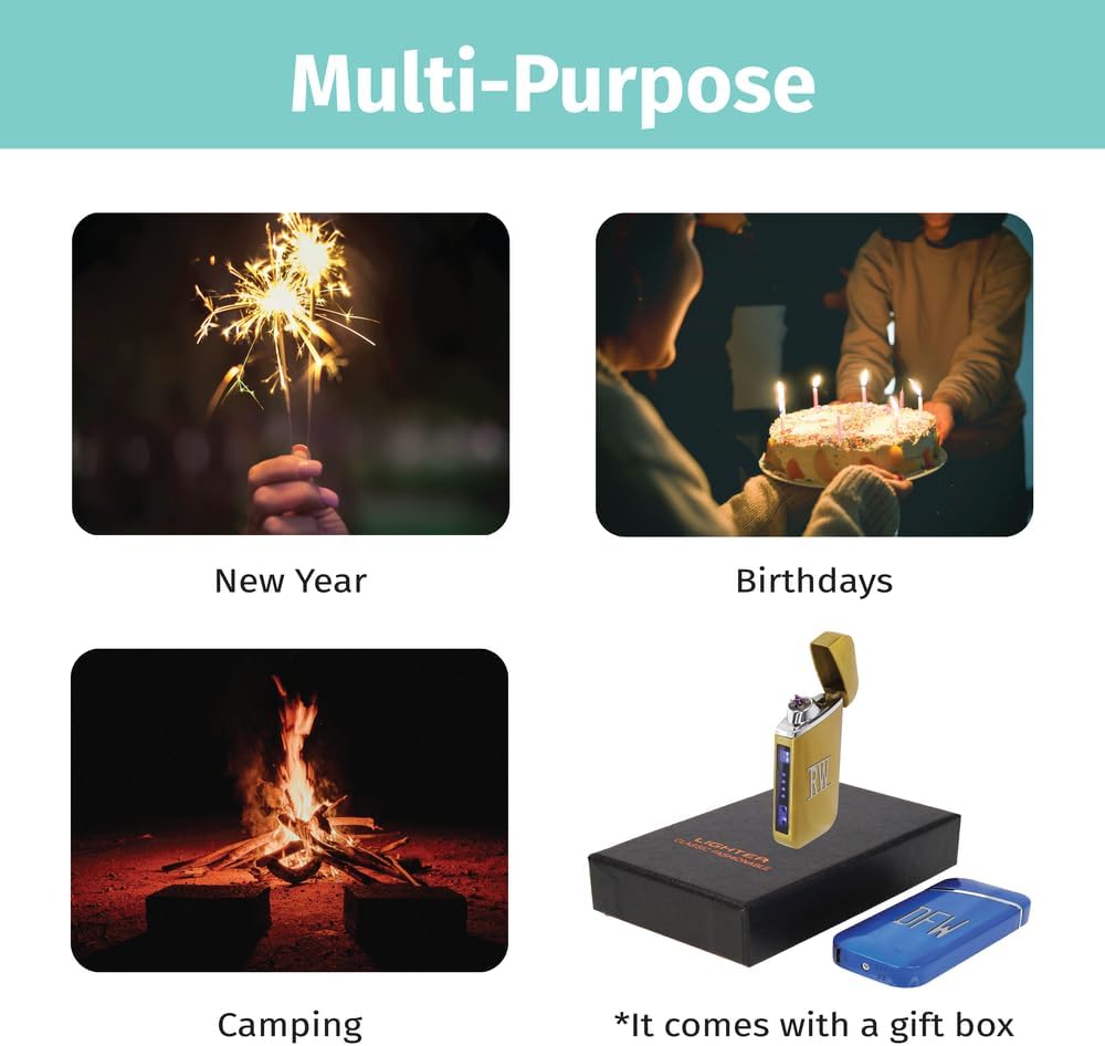 Custom Electric Lighter, USB Rechargeable Candle Lighter, Reusable Electric Lighter with Charger for Indoor and Outdoor, Camping Essential for Men and Women, Engravable Designs (Gold)