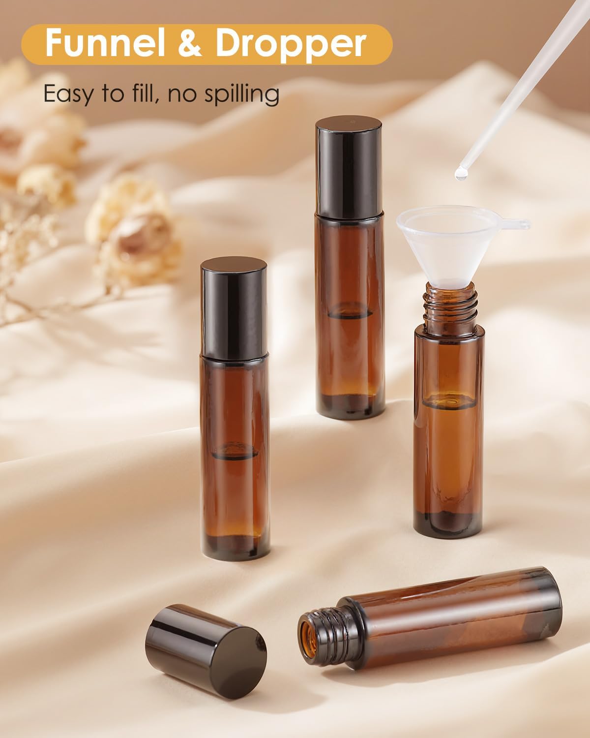 Worldgsb 4 Pack Essential Oil Roller Bottles, 10ml Refillable Amber Glass Roller Bottles with Stainless Steel Roller Balls and Caps for Travel, Perfume and Lip Gloss
