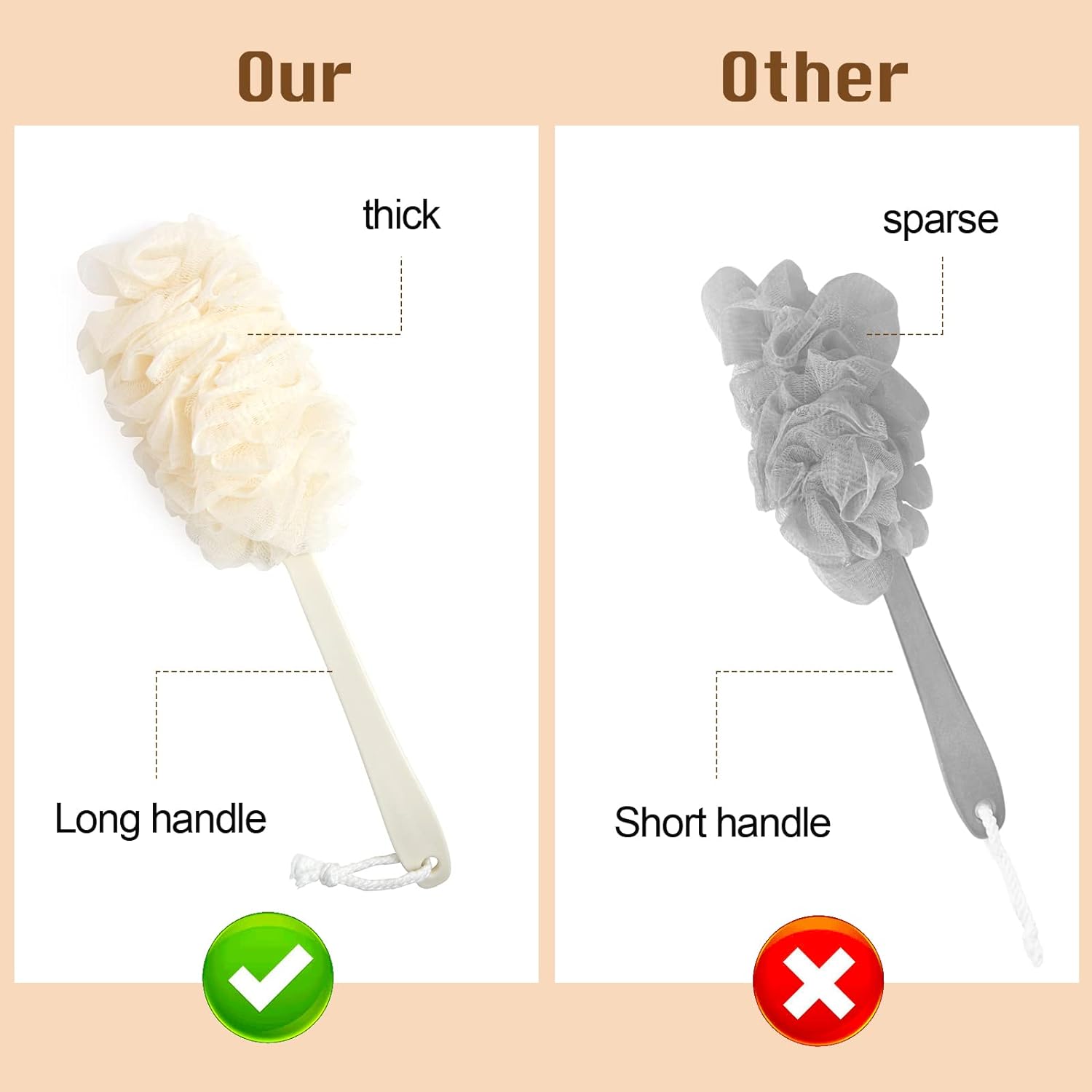 2Pack Back Scrubber for Shower，PIPUHA Loofah Sponge Shower Brush Using Body Exfoliating with Long Handle, Loofah on a Stick for Men Women, Bathing Accessories for Body Brushes (Blue and White)