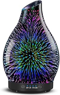 120ML Essential Oil Diffuser, 3D Glass Aromatherapy Diffuser with Auto Shut-Off and 7 Color LED Lights, Ultrasonic Mist Humidifier with 4 Timer for Home Office Bedroom (3D Fireworks)