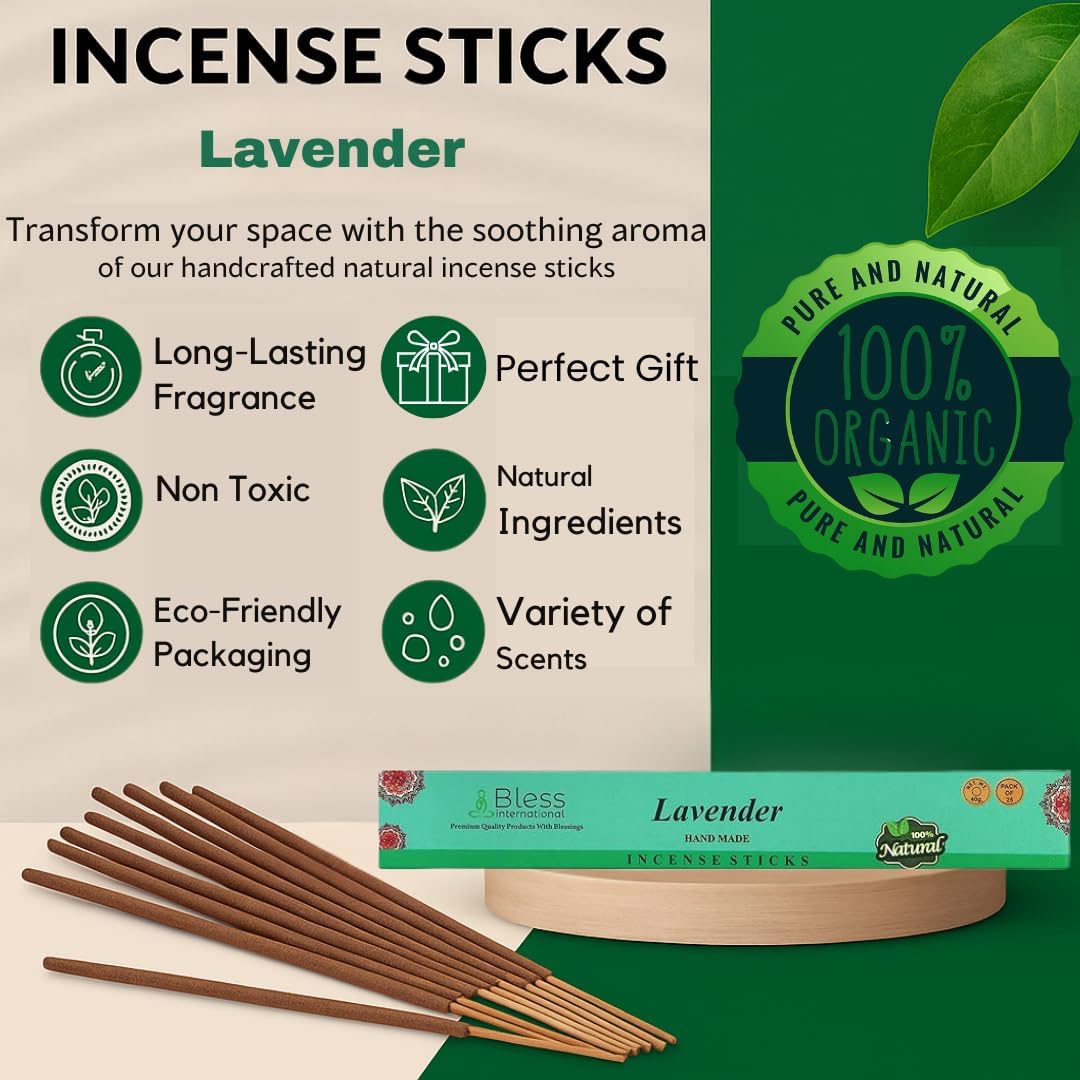 Bless-Lavender 100%-Natural-Handmade-Hand-Dipped-Incense-Sticks Organic-Chemicals-Charcoal-Free Purification-Relaxation-Positivity-Yoga-Meditation Best-Woods-Scent (25 Sticks (1.4 OZ))