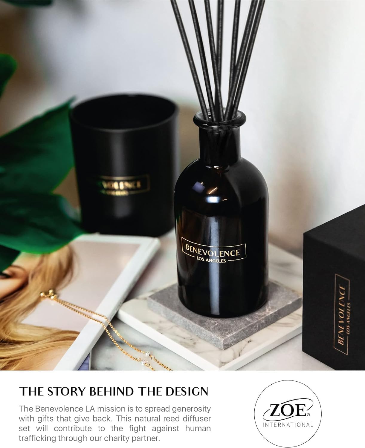 Benevolence LA Premium Lavender & Eucalyptus Reed Diffuser Set – Essential Oil Diffuser for Home & Bathroom – Up to 120-Day Fragrance with Rattan Sticks & Gift Box – Charcoal Glass Room Décor