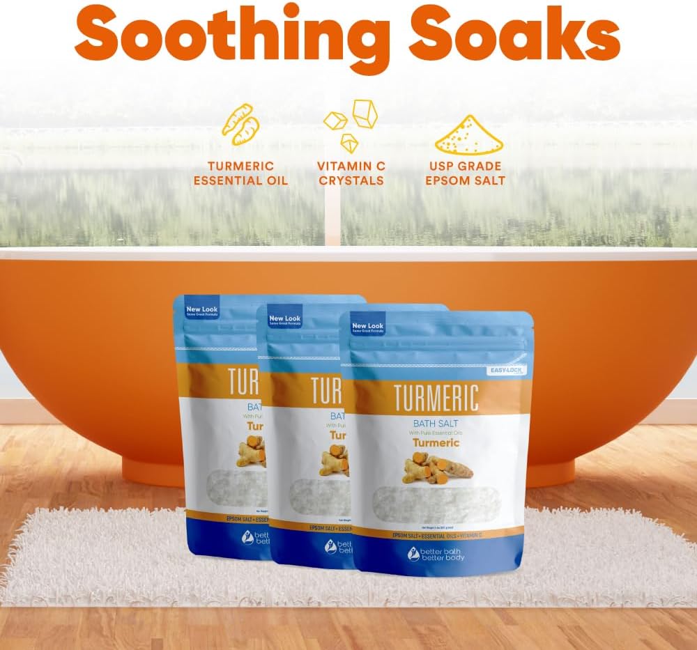 Turmeric Bath Salt (3 Pack 6 Lbs Total) Soothing Bath Aromatherapy Pure Essential Oils in BPA Free Pouch with Press Lock Seal Made in USA Three 2 Lbs Bundle