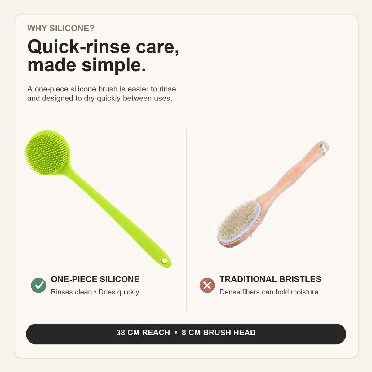Silicone Back Scrubber for Shower, 15-Inch Long Handle Body Brush with Soft Bristles &amp; Massage Nodes, Dual-Sided Shower Scrubber for Back, Quick Dry