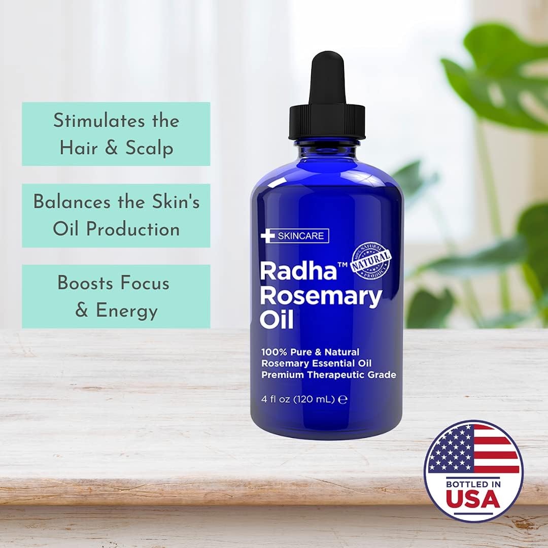 Radha Beauty - 4 oz. Rosemary Essential Oil - 100% Pure Therapeutic Grade, Steam Distilled for Aromatherapy, Relaxation, Scalp, Healthy Hair Growth, Dry Skin, DIY Essential Oil