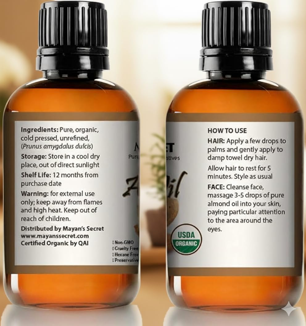 Mayan's Secret - 100% Organic Sweet Almond Oil for Skin Hair, Face - Cold Pressed Pure Almond Essential Oil (4 fl. oz.)