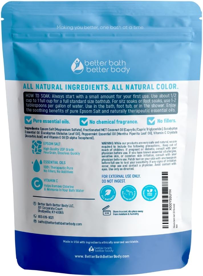 Muscle Soak Bath Salt 32 Ounces (2 Lbs) Epsom Salt with Natural Peppermint and Eucalyptus Essential Oils Plus Vitamin C in BPA Free Pouch with Easy Press Lock Seal Made in USA