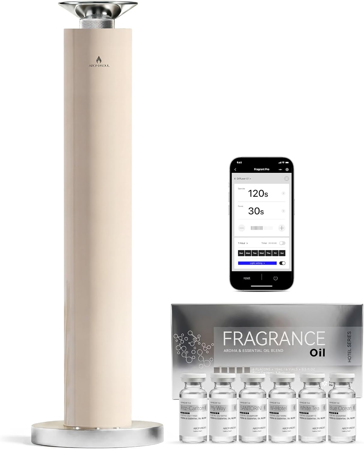 Waterless Scent Diffuser Starter Kit - Alloy Atomization System, Smart Rechargeable Hotel Scent Diffuser, 1500 Sq Ft Coverage, Including 6×15ml Essential Oils, for Home, Large Room, Spa, Cream