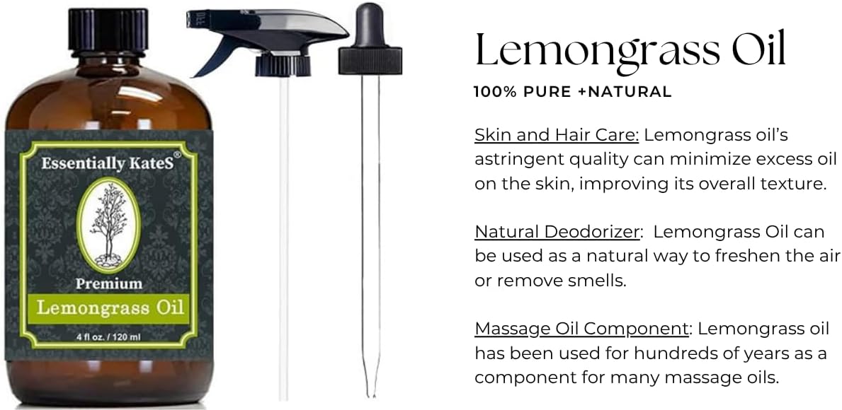 Lemongrass Essential Oil 4 Fl Oz with Dropper and Sprayer - 100% Pure and Natural - Hair Care, Home Diffusers, Skin Care, Aromatherapy, Massage and Humidifiers, and Garden Care