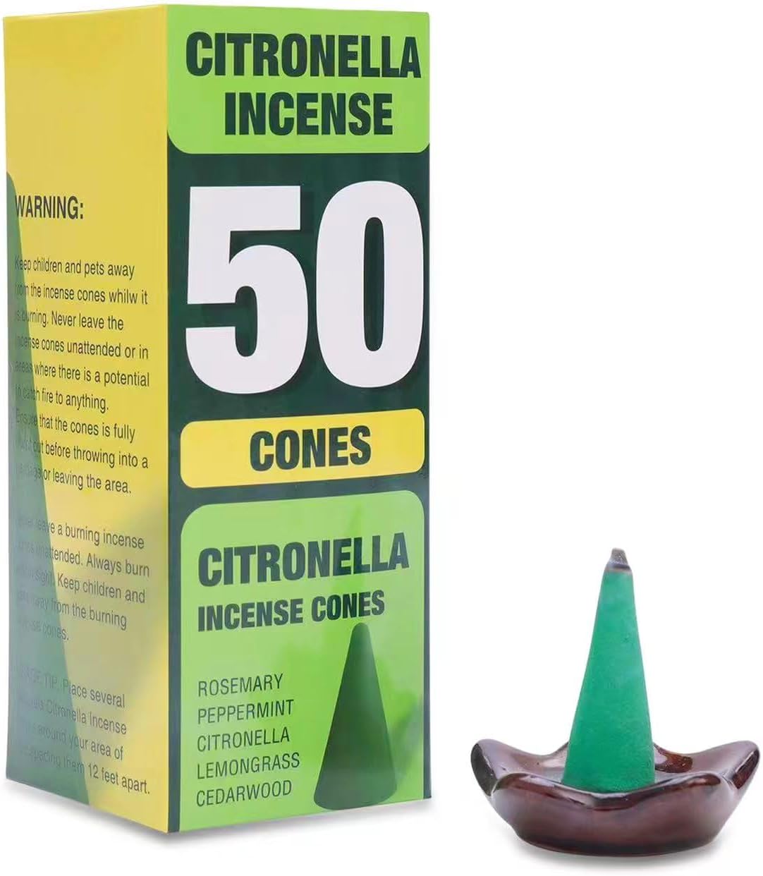 50 Pcs Citronella Incense Cones - Natural Incense Cones for Patio, Camping, Patio, Hiking,Outdoor, etc - Includes Ceramic Burning Dish