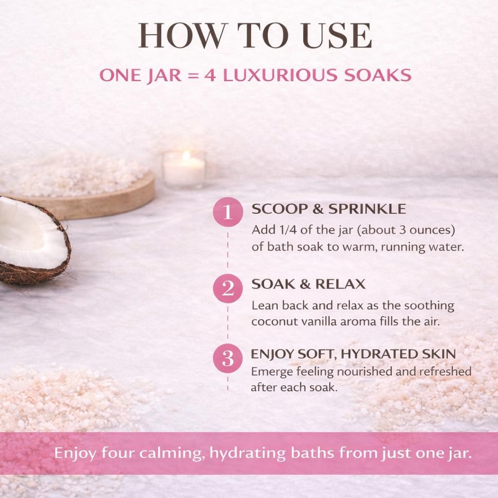 Coco Escape Coconut and Vanilla Aromatherapy Bath Soak, Relaxation Support, Skin Softening, Hydrating, Mineral-Rich, for Dry Sensitive Skin