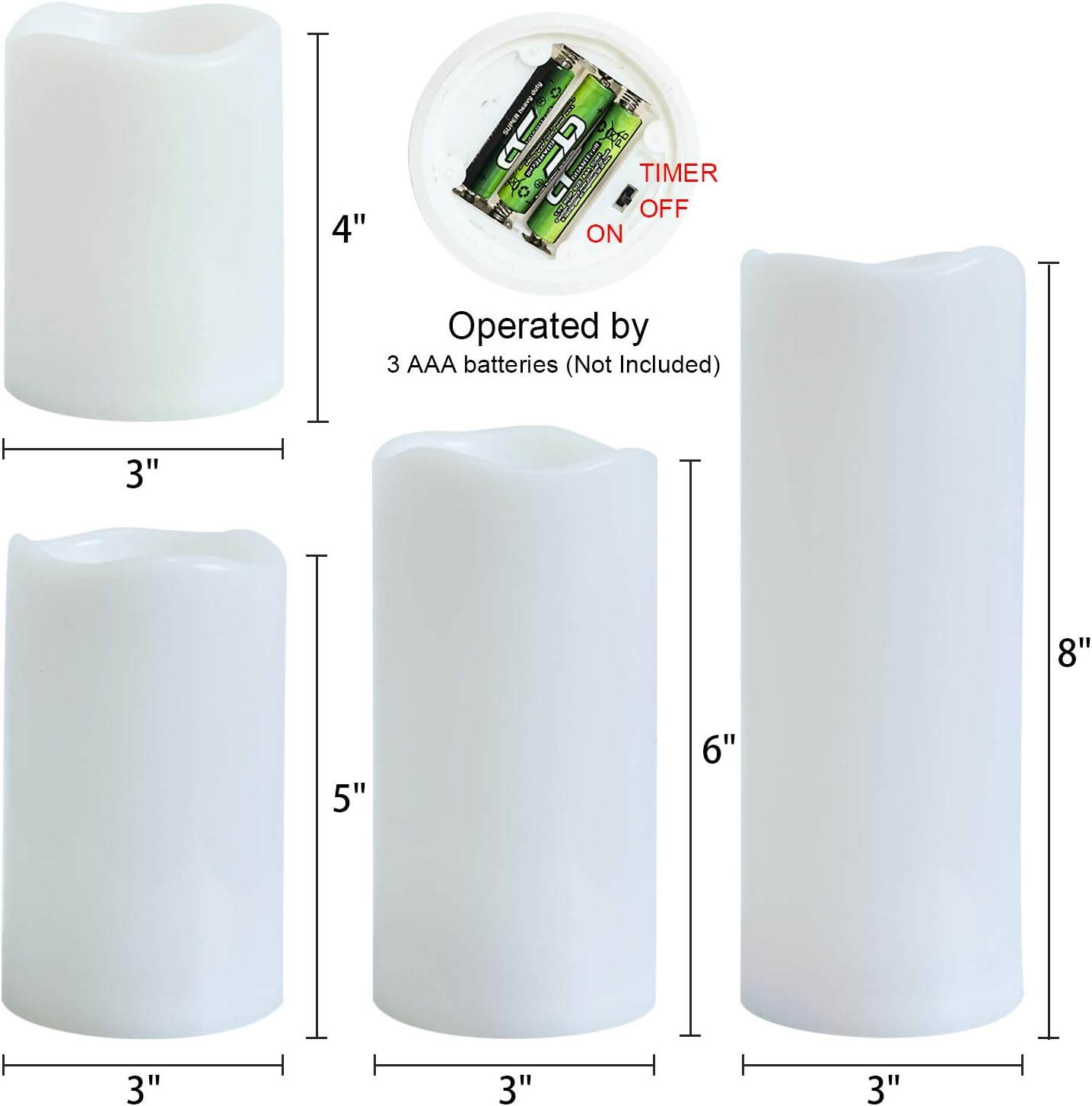 Eldnacele Waterproof Flameless Flickering Candles with 6 Hours Timer, Indoor Outdoor White LED Plastic Battery Operated Pillar Candles Pack of 4 Wedding Dinner Home Decor, D3”x H4” 5” 6” 8”