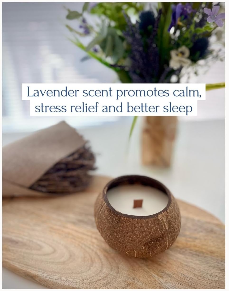 Coconut Shell Candle with Wooden Wick – Lavender Scented, 100% Natural Coconut & Soy Wax, Hand-Poured, Eco-Friendly Decorative Candle, 6oz Gift