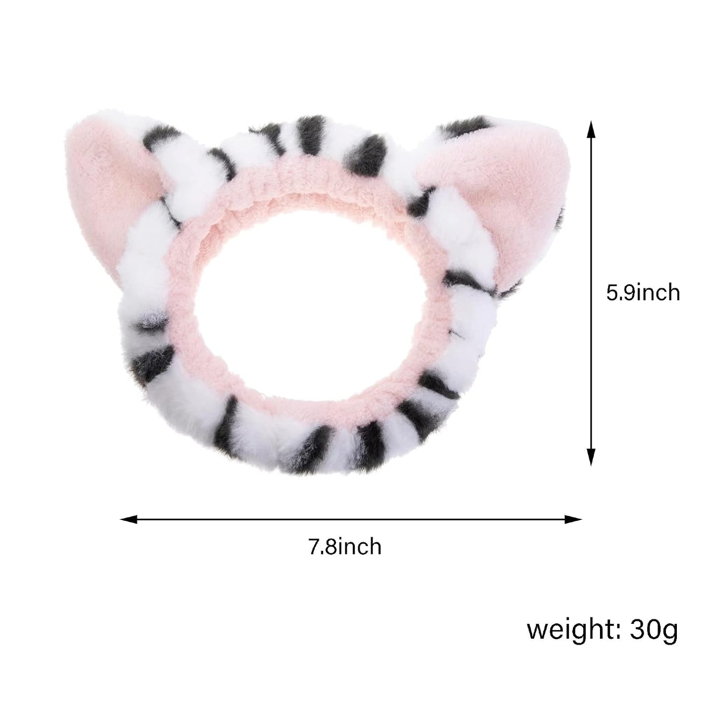2 PCS Women Animal Ear Tiger Print Fuzzy Hairband Makeup Headband Elastic Stretch Head Wrap for Skincare Spa