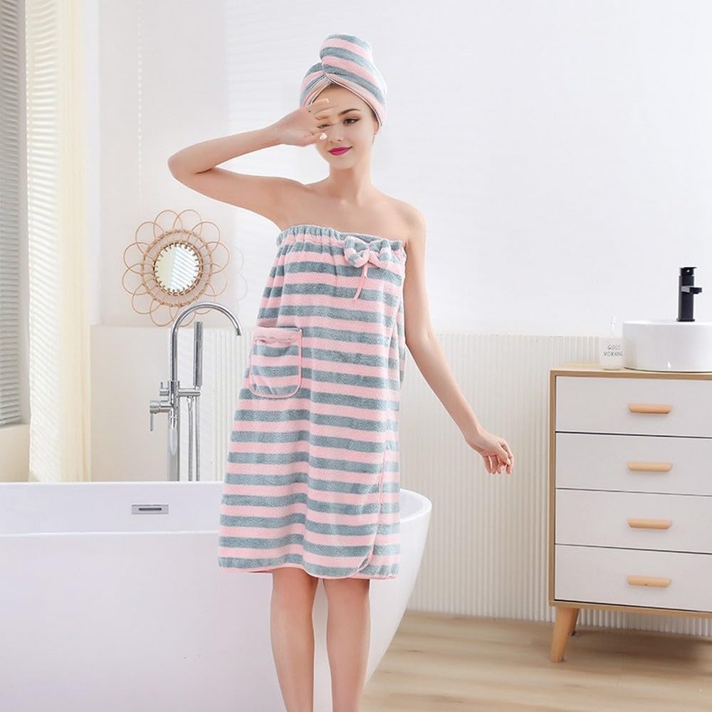 Towel Wrap for Women with Hair Towel, Adjustable Plush Absorbent Shower Spa Bath Wrap + Hair Drying Towel Sets (Grey/Pink, Medium)