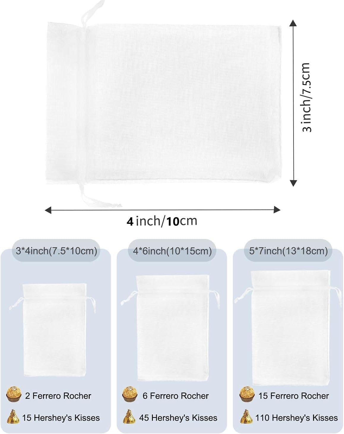 Kslong 100PCS Small Mesh Bags Drawstring 3x4, Sheer Organza Bags Drawstring for Jewelry, Mesh Party Wedding Favor Bags for Small Business,Candy,Bracelet Packaging,Empty Sachet Bags (White)
