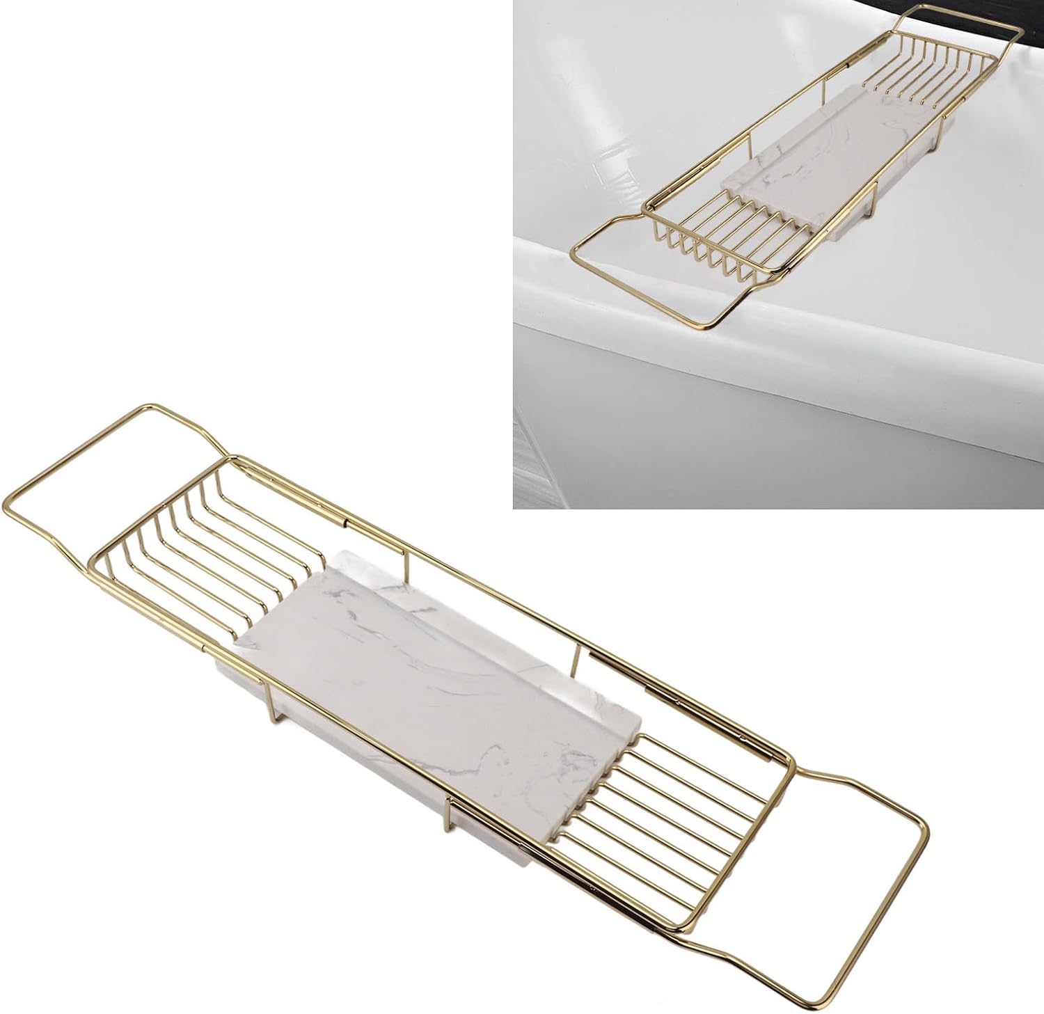 Marhynchus Metal Marble Bathtub Rack, Bathtub Caddy Tray Stainless Steel Shower Caddy Tray with Extending Sides, Bathroom Trays (Gold White)