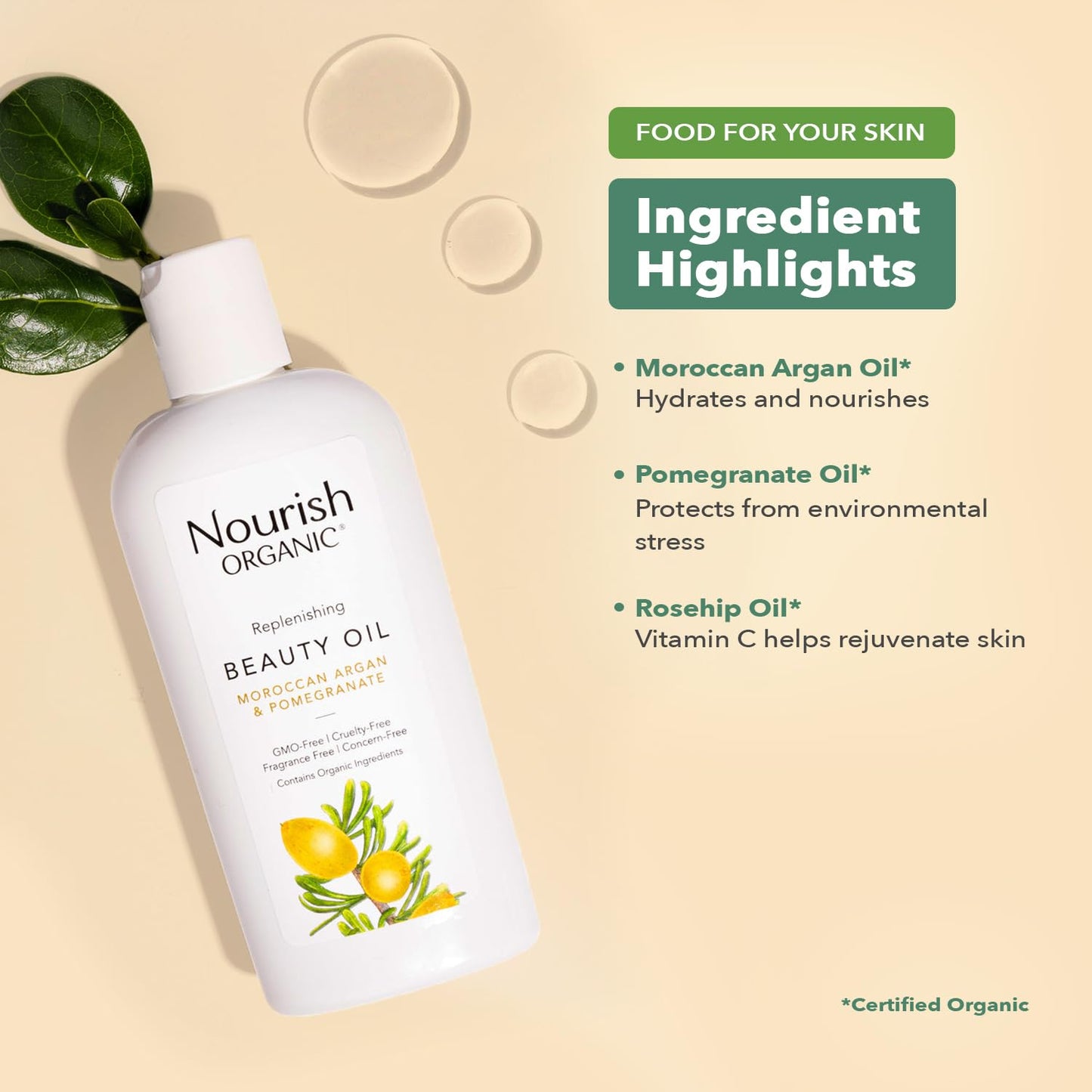 Nourish Organic Replenishing Beauty Oil, For Body, Face and Hair with Pomegranate and Moroccan Argan, 3.4 Ounce