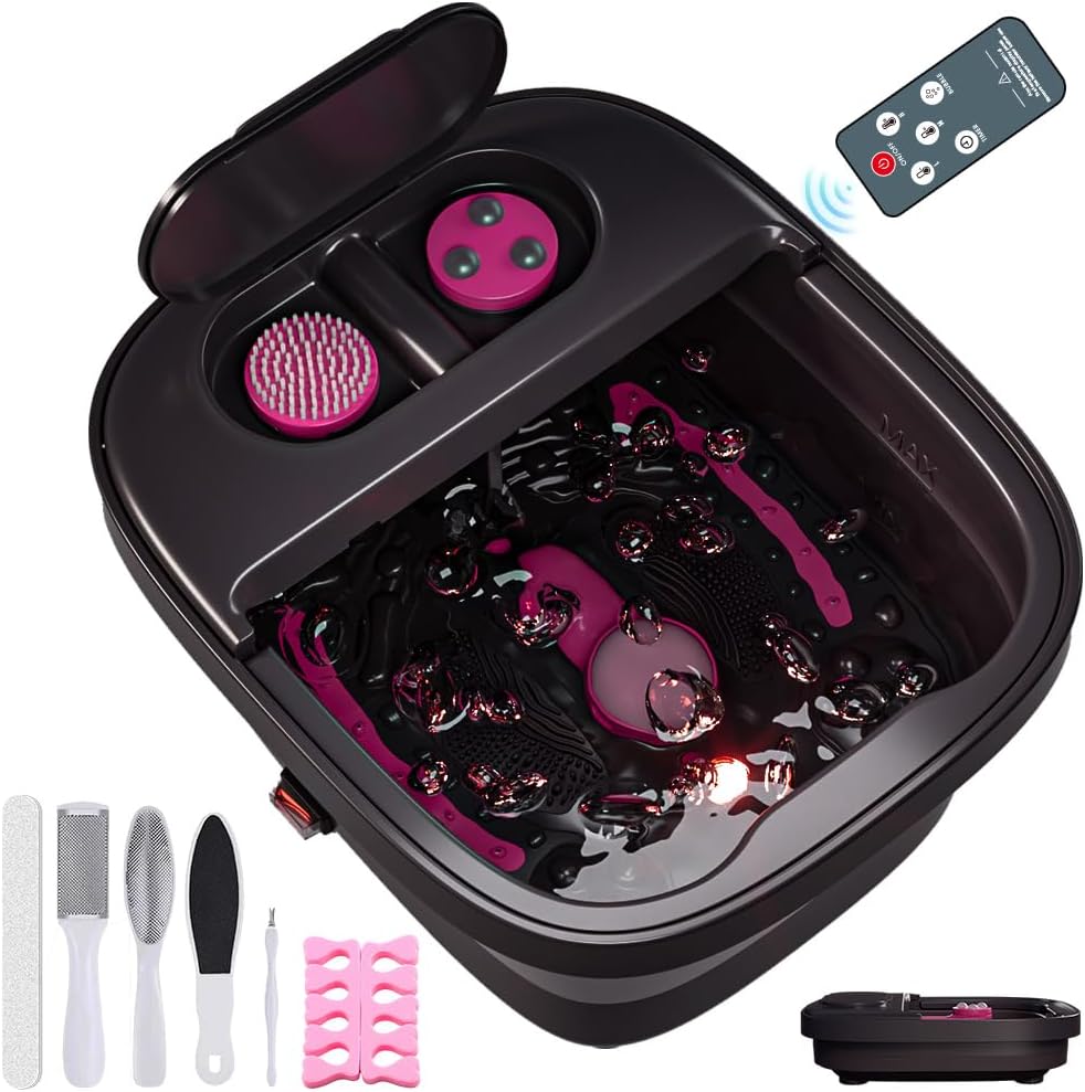 Collapsible Foot Bath, Foot Spa Bath Massager with Heat, Bubble, Remote Control, Temperature Control, 3 Pedicure Attachments, Feet Soaking Tub for Stress Relief (Matte Grey)