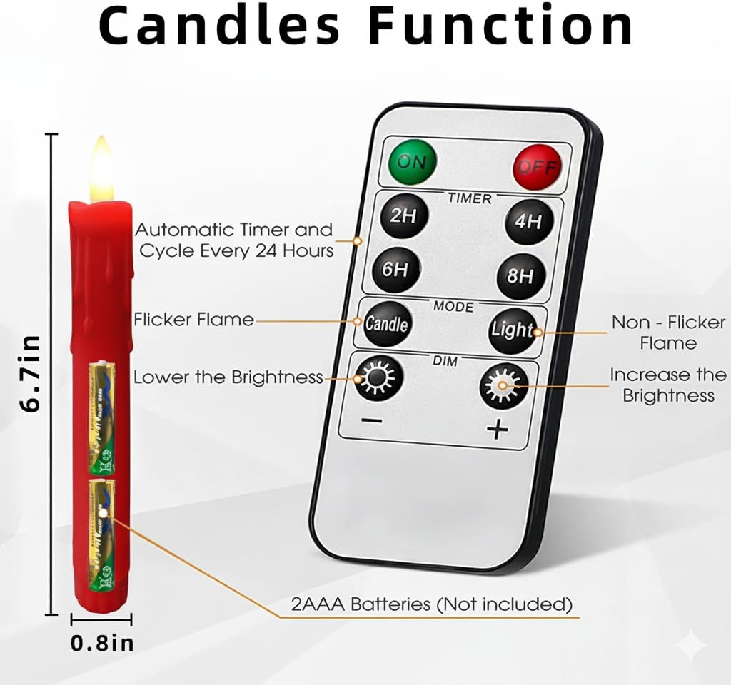 6.7 Inch LED Candles Battery Operated, Flameless Candles with Flickering 3D Flame, Led Candle Sticks Safe for Windowsill Wedding Home Christmas Decor, Red, Set of 6