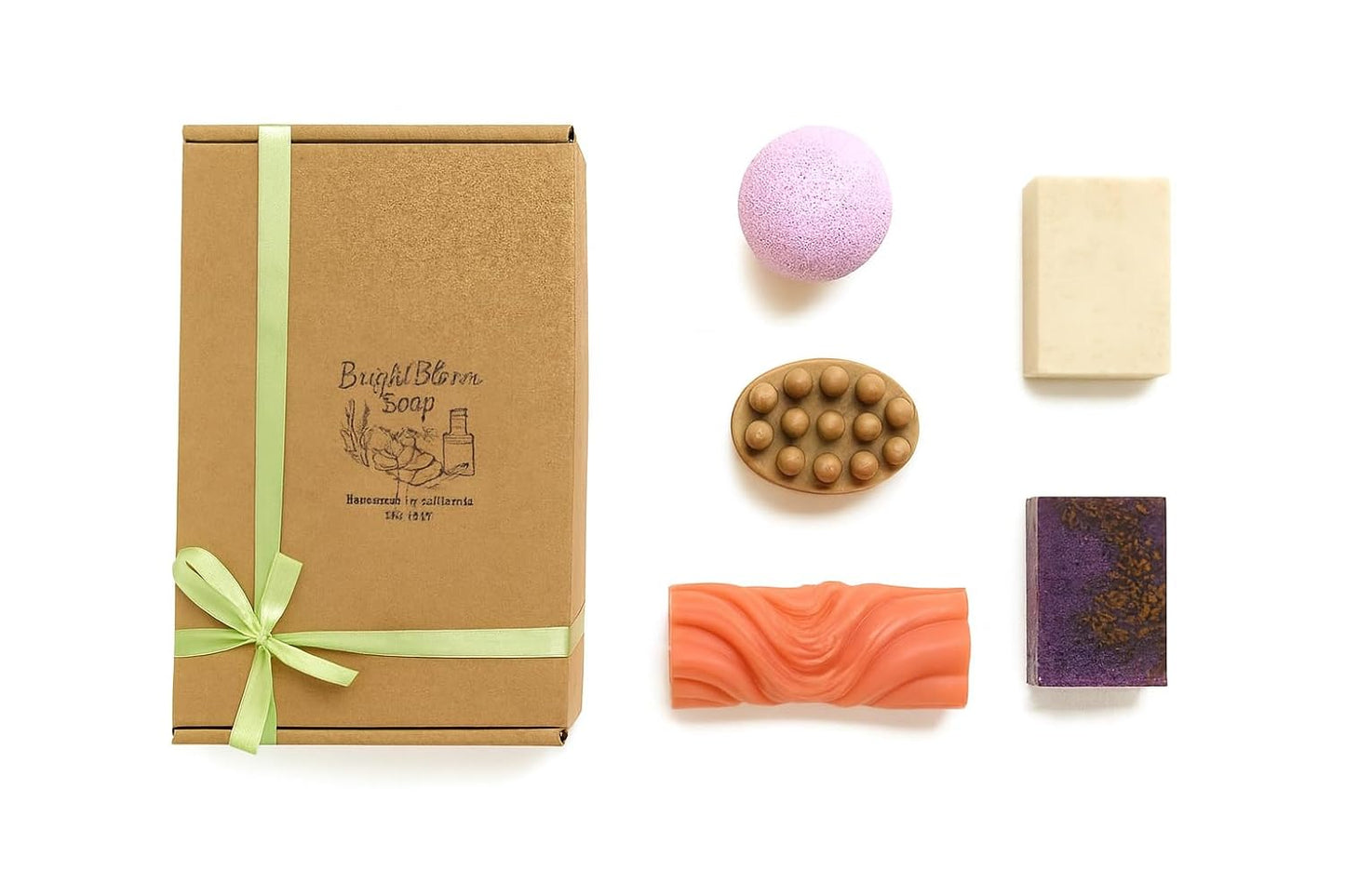 Handmade Soap Gift Set – 5 Natural Soaps Bars, Bath Bomb, Massage Bar Soap – Natural Relaxing Self Care Gift