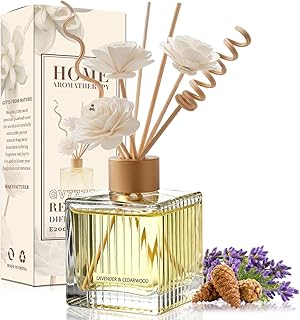 Lavender & Cedarwood Reed Diffuser - 6.7 oz Glass Bottle with 4 Rattan Sticks, 3 Dried Flowers | Adjustable, Long-Lasting Scent for Home, Bedroom, Living Room, Office, Bathroom | Aromatherapy Gift