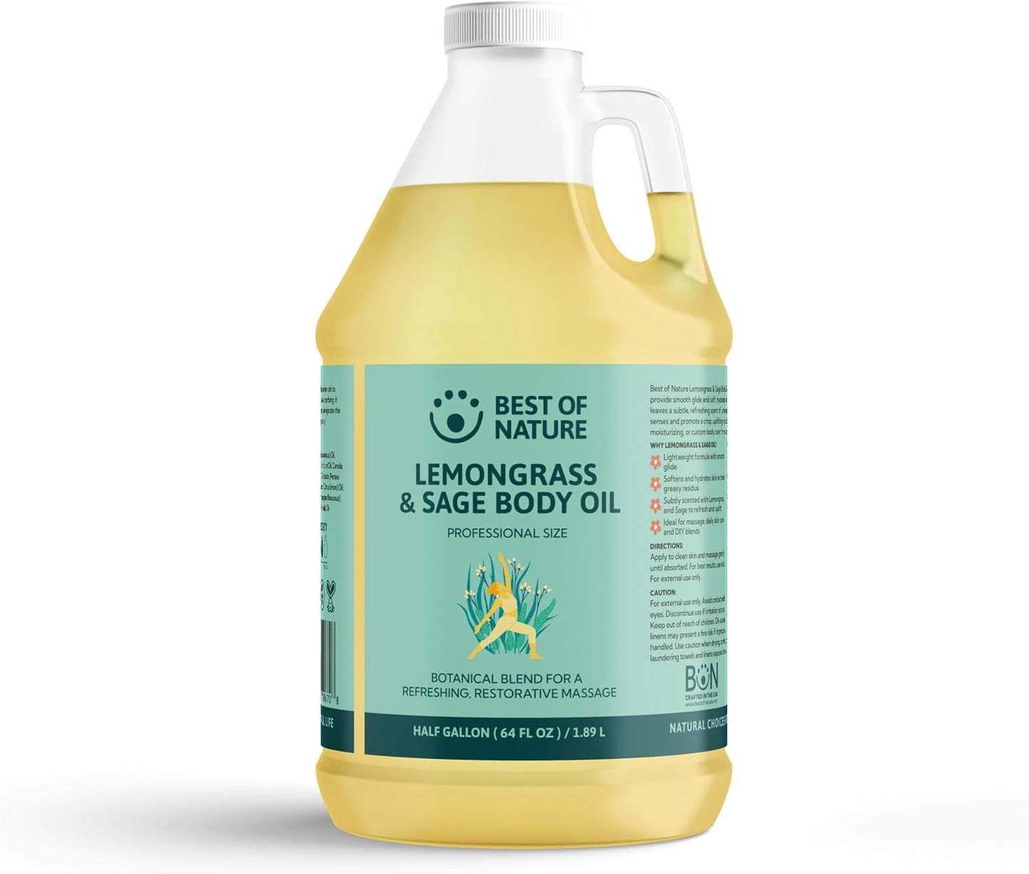 Best of Nature Lemongrass and Sage Massage Oil Blend - Non-Greasy Aromatherapy Massage Oil for Body, Skin & Face, Crafted with Pure Essential Oils, Half Gallon (64 fl oz)