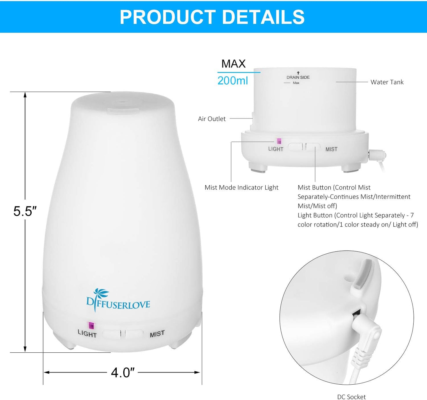 Diffuserlove Essential Oil Diffusers 200ML Remote Control Ultrasonic Mist Humidifiers BPA-Free Aromatherapy Diffuser with 7 Color Lights, Auto Shut-Off for Bedroom Office Kitchen