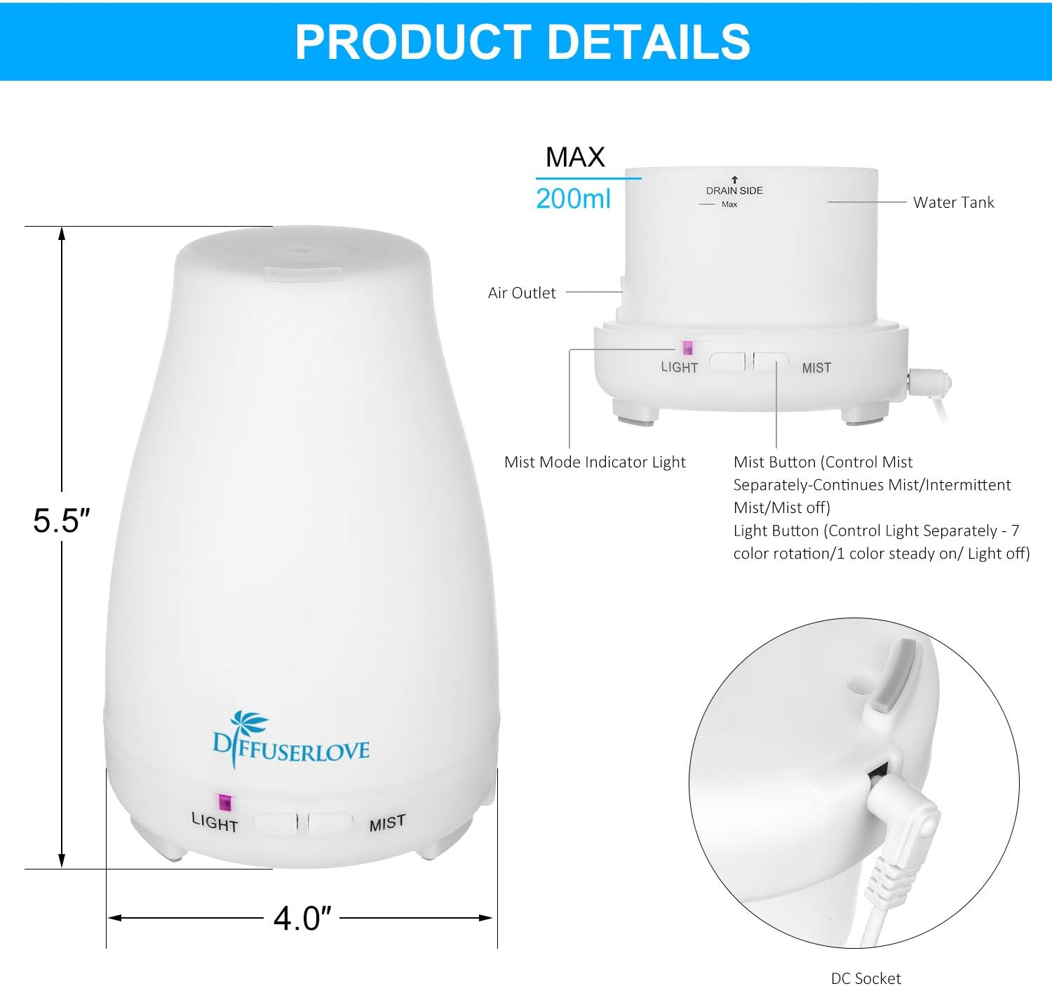 Diffuserlove Essential Oil Diffusers 200ML Remote Control Ultrasonic Mist Humidifiers BPA-Free Aromatherapy Diffuser with 7 Color Lights, Auto Shut-Off for Bedroom Office Kitchen