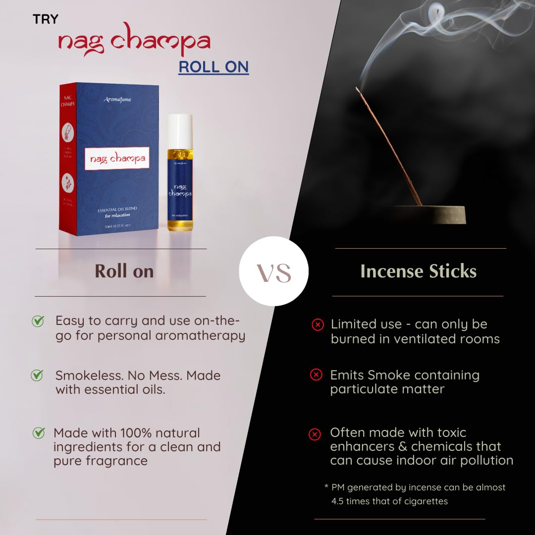 Nag Champa Essential Oil Roll-On Blend by Aromafume | 10ml | Made with Sandalwood, Jasmine, Ylang Ylang & Champa Flower extracts | Ideal for Meditation & Rituals | Pure Oil