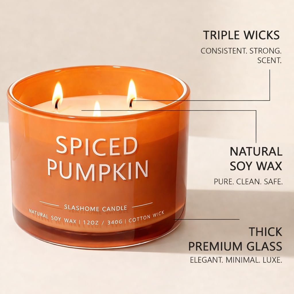 Pumpkin Spice Scented Candle, Luxury Large 3 Wick Soy Candle 12 Oz, 60+ Hour Long Lasting Clean Burn, Elegant Aromatherapy Home Decor, Housewarming & Birthday Gift for Men & Women