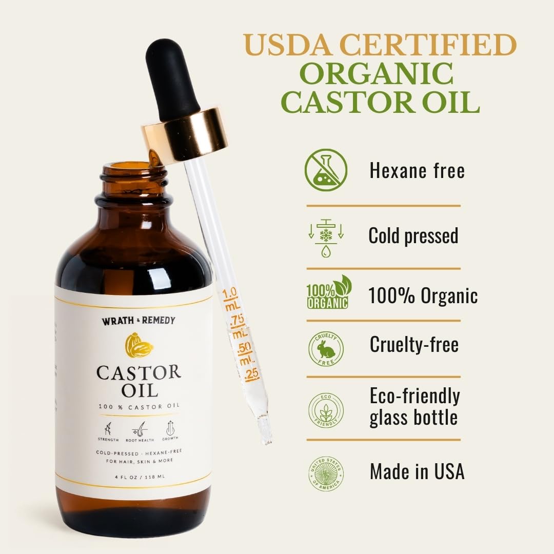 Castor Oil Organic Hexane Free — USDA Certified, 100% Pure Cold Pressed Organic Castor Oil for Hair Growth & Strength, Fuller Lashes & Eyebrows, Hydrated & Rejuvenated Skin (Finest Glass Bottle, 4OZ)