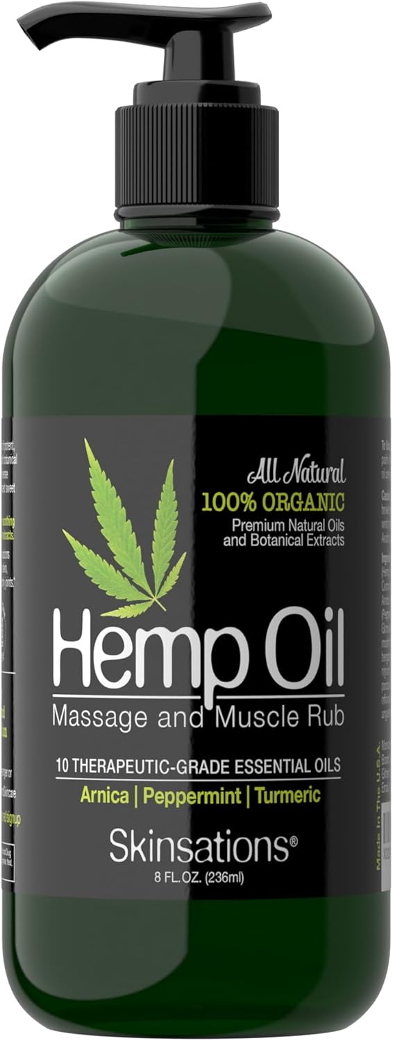 Skinsations - Hemp Massage Oil & Sore Muscle Rub – 100% Organic Relief with Arnica, Turmeric & 10 Essential Oils, Peppermint & Lavender in Sweet Almond & Hemp Seed Oil