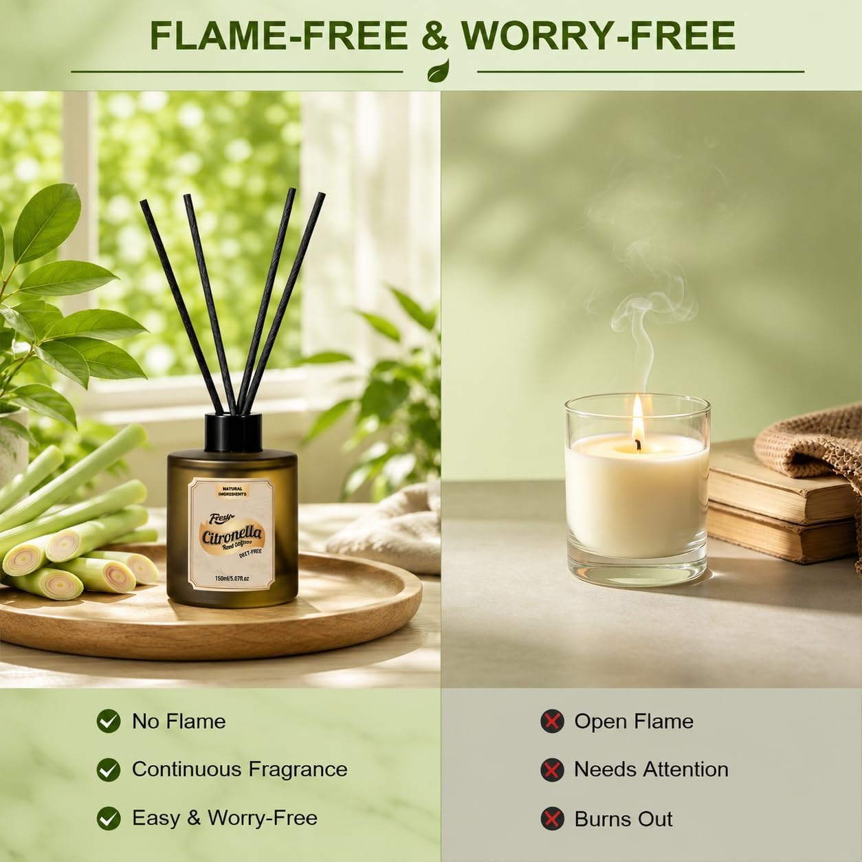 SCENTORINI Citronella Reed Diffuser Set, Summer 10 oz Natural Lemongrass Essential Oil with 12 Sticks, Long Lasting Home Fragrance for Bedroom, Bathroom, Patio, Camping, Courtyard, Pool, Outdoor Use