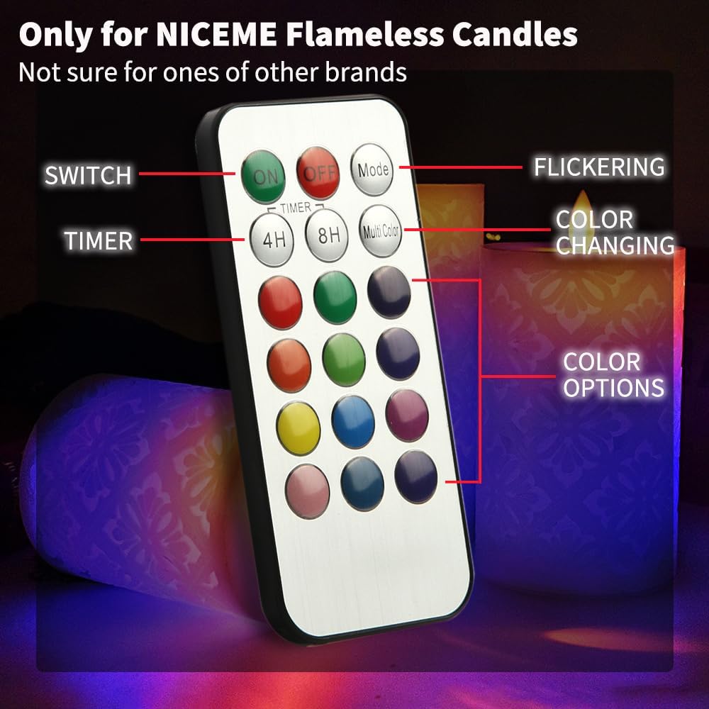 Niceme 18-Key Flameless Candle Remote Control 24H Cycle Automatic Timer Replacement Accessory with Replaceable CR2025 Battery for Multi Color Changing Candles (Only for Niceme Candles)