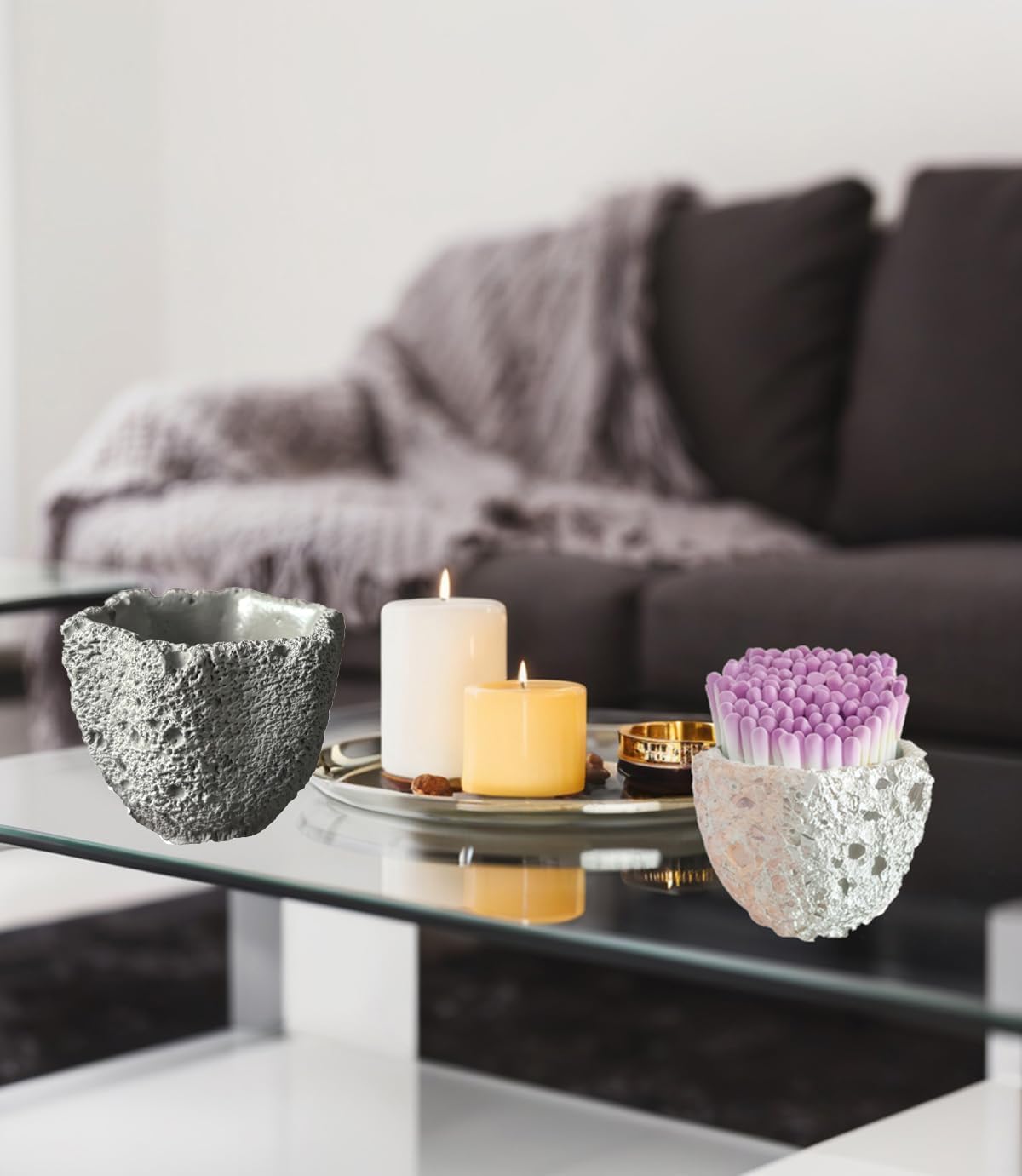 Handmade Concrete Match Holder, Petal Shape Design, Set of 2, Decorative Jar for Candle Matches, Modern Home Decor(matchs not Included)