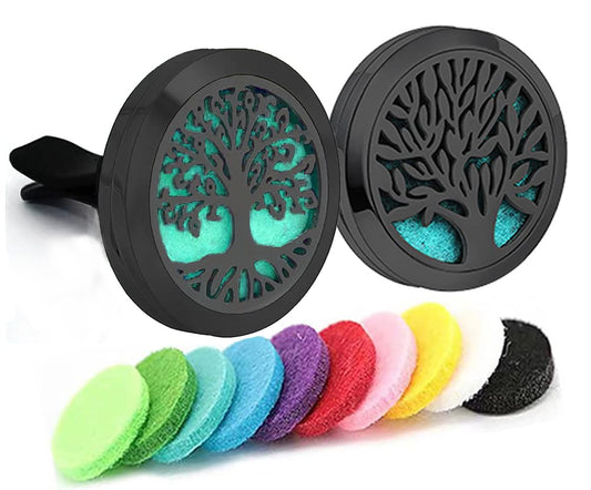 2Psc Black Car Aromatherapy Essential Oil Diffuser Locket Tree of Life Pattern Stainless Steel Car Air Fresheners Vent Clips
