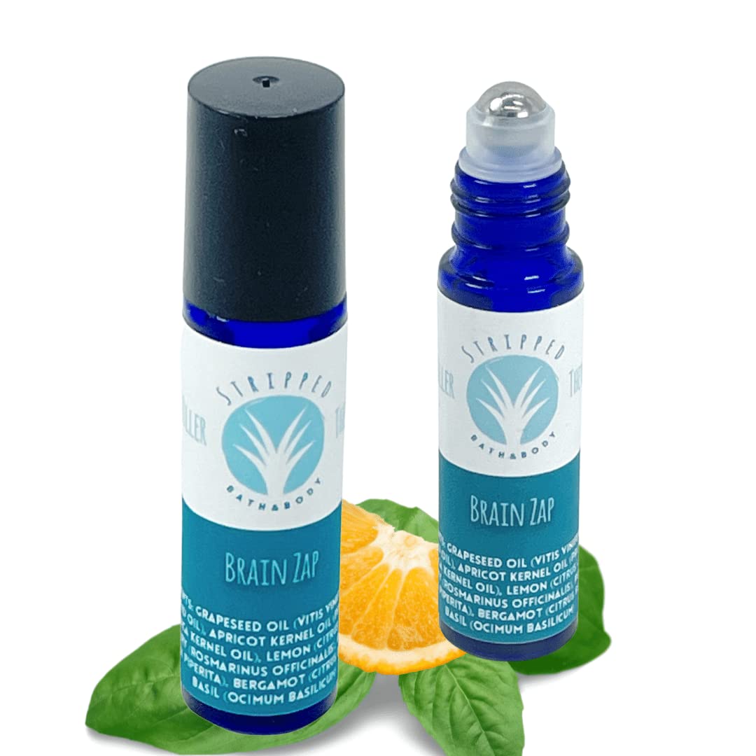 Stripped BRAIN ZAP Aromatherapy Roll On (12ml) – Energy, Focus, Mental Clarity, Inspiration – Mood Lifting Citrus, Mint, Herbal Fragrance – Natural Study Aid – Stocking Stuffer Idea (Single Bottle)