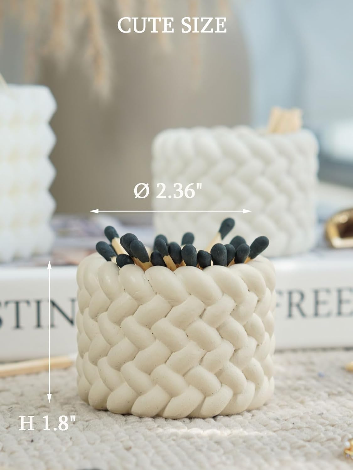 Concrete Match Holder with Striker Set of 2-Elegant Decorative Match in Jar-for Cute/Fancy/Mini Candle Matches,Refresh Any Modern Home Decor with Premium Jar Set 2（No Matches）