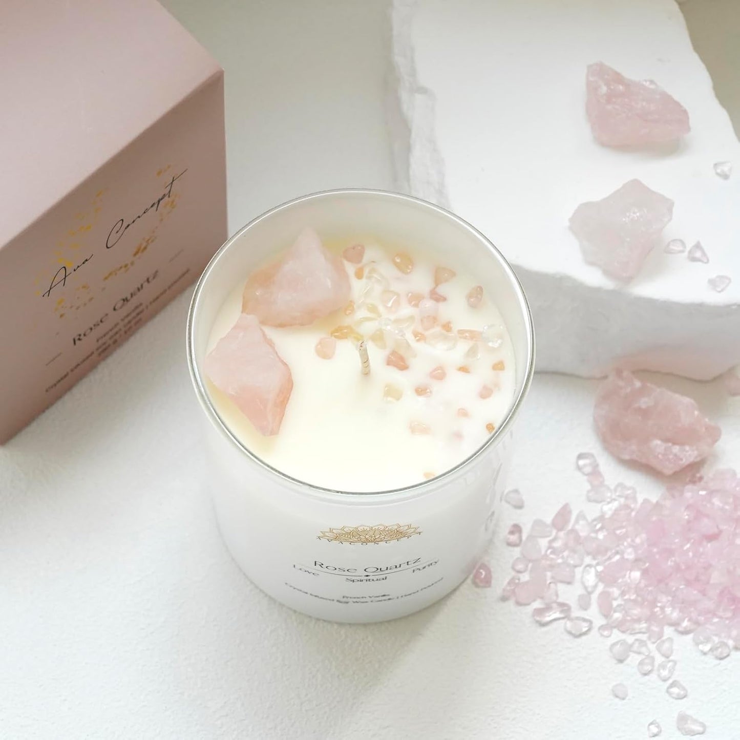 Rose Quartz Crystal Candle – 10oz / 280g | French Vanilla Aromatherapy | Hand-Poured Soy Wax | Genuine Rose Quartz Healing Crystals Embedded | Love, Spiritual & Purity | Gift Box Included