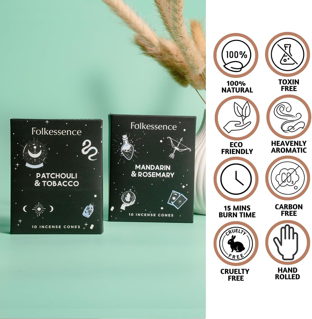 Folkulture Incense Cones (20 Cones) | Set of 2 Premium Insence Cones For Meditation, Cleansing, Aromatherapy, Focus Gifts | No Charcoal, Organic, Non Toxic Rosemary, Tobacco & Patchouli Inscents-Cones
