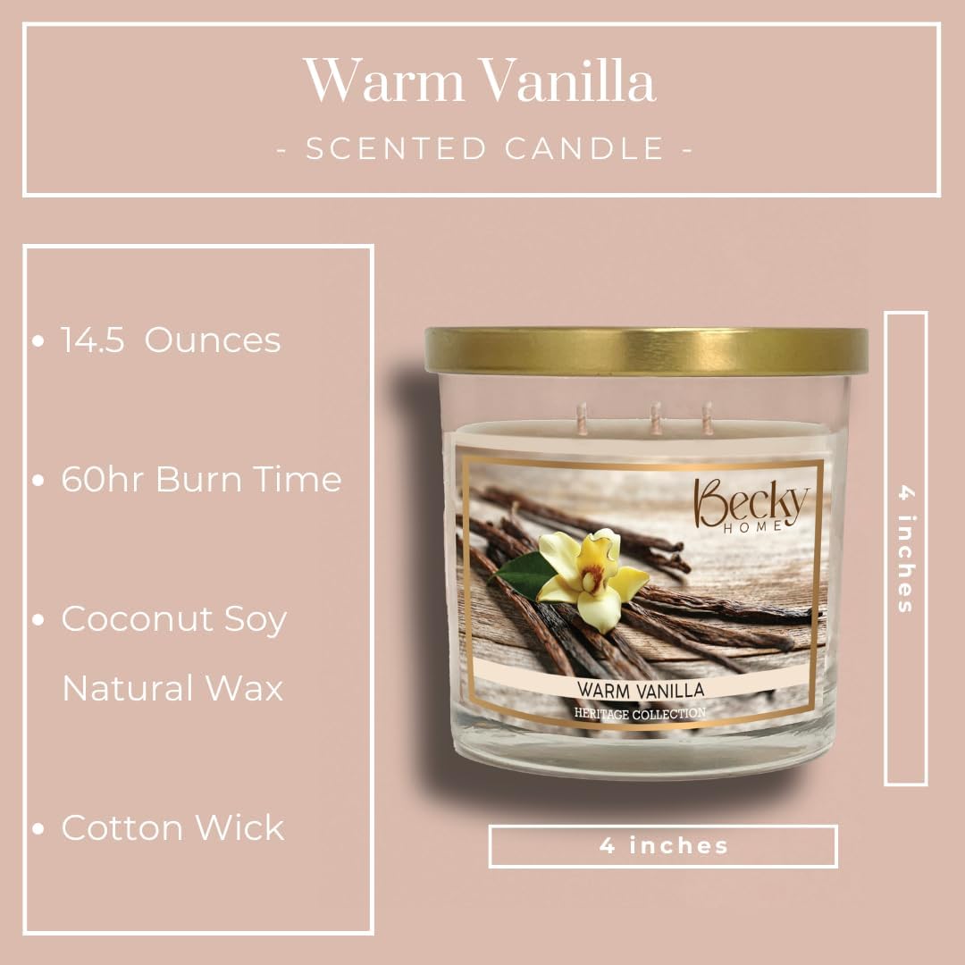 Warm Vanilla 3 Wick Candle, 14.5oz, Large, Traditional, White, Glass Jar, 4" H x 4" D, 60+ Hour Burn Time, Indoor Use, 1 Count