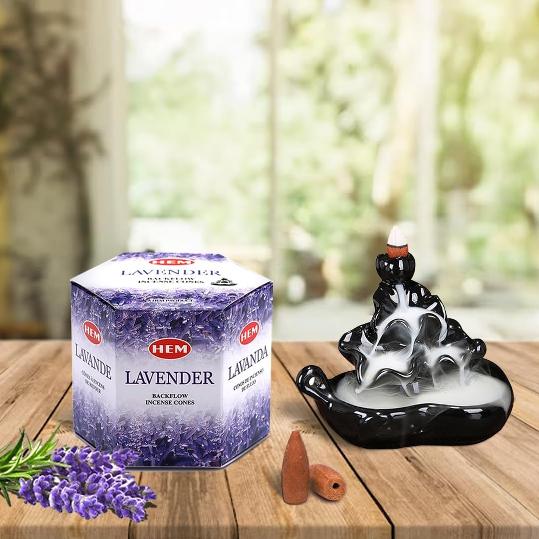 HEM Lavender Backflow Incense Cones – Pack of 40 Brown Cones | Long-Lasting Floral Aroma for Positivity, Relaxation & Sleep | Wood Powder Aromatherapy for Stress Relief & Air Purification