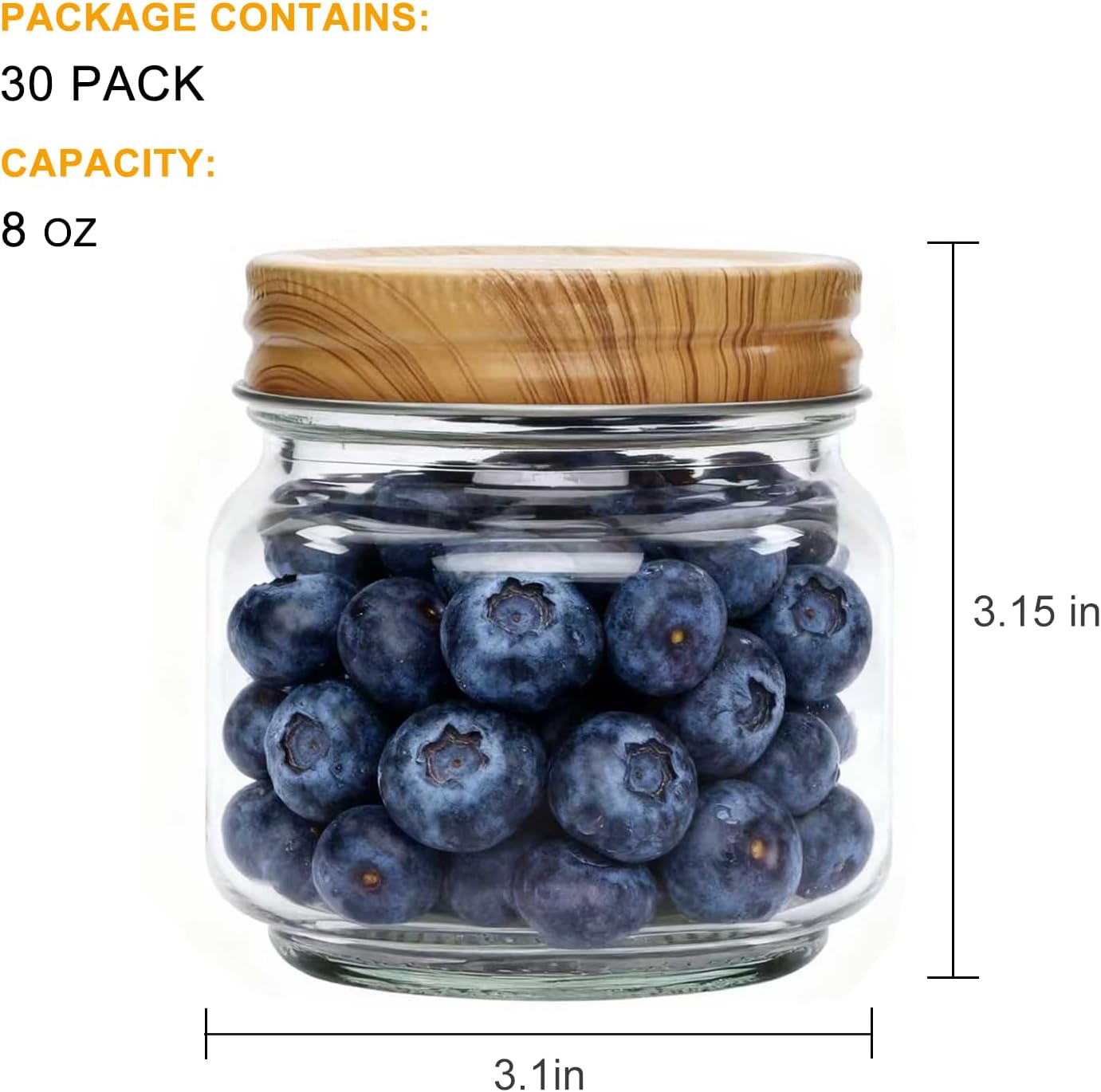 Accguan Mason Jars, glass jar 8OZ With Regular Lids(Wood Grain Iron Lid), Ideal for Jam, Honey, Wedding Favors, Shower Favors, 30 PACK