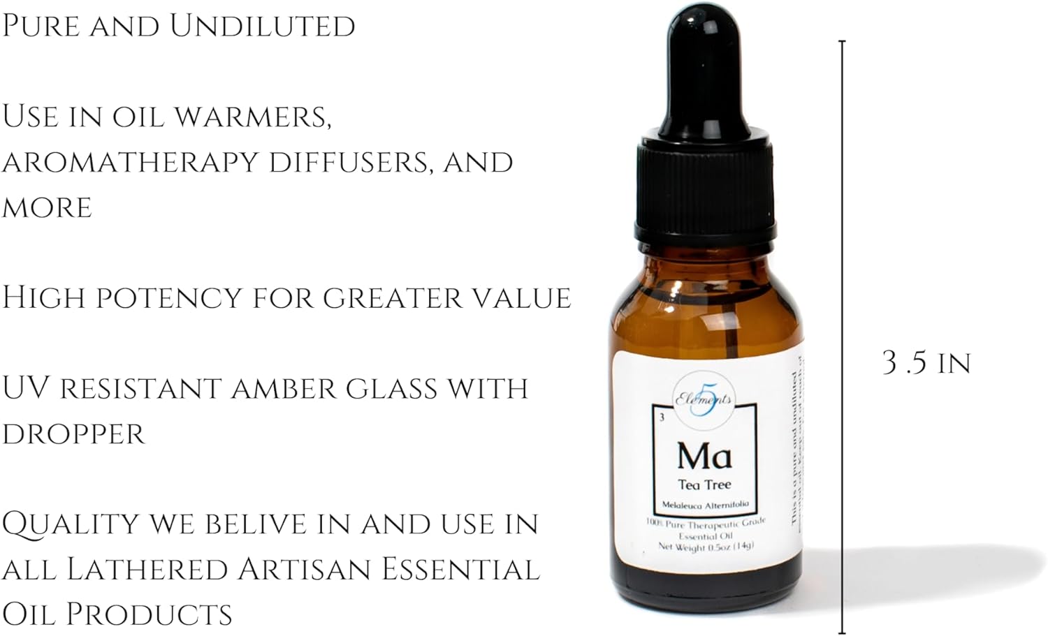 Theraputic Grade - Tea Tree Essential Oil - Melaleuca Alternifolia- Pure and Natural Botanical Oils by 5 Elements - for use in Aromatherapy, Diffusers, Oil Burners - Home Fragrance (Tea Tree)