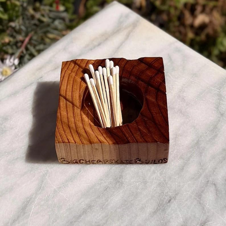 Rustic Cedar Wood Match Striker Holder, Handmade Wooden Matchstick Container, Decorative Match Pot with Live Edge for Kitchen, Fireplace, Bathroom Decor