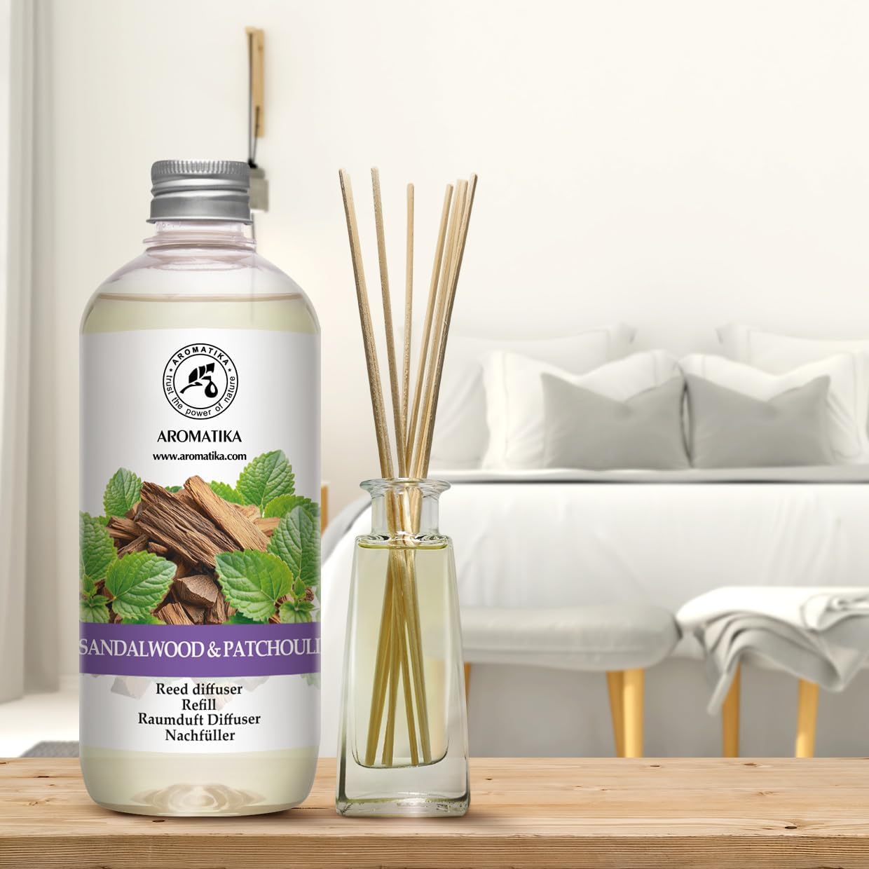 Reed Diffuser Refill Sandalwood - Patchouli 17 Fl Oz - Scented Diffuser Refill with Patchouli Essential Oil - Home Fragrance - Sandal Aroma - Air Freshener - Aromatherapy - Spa - Home - Office