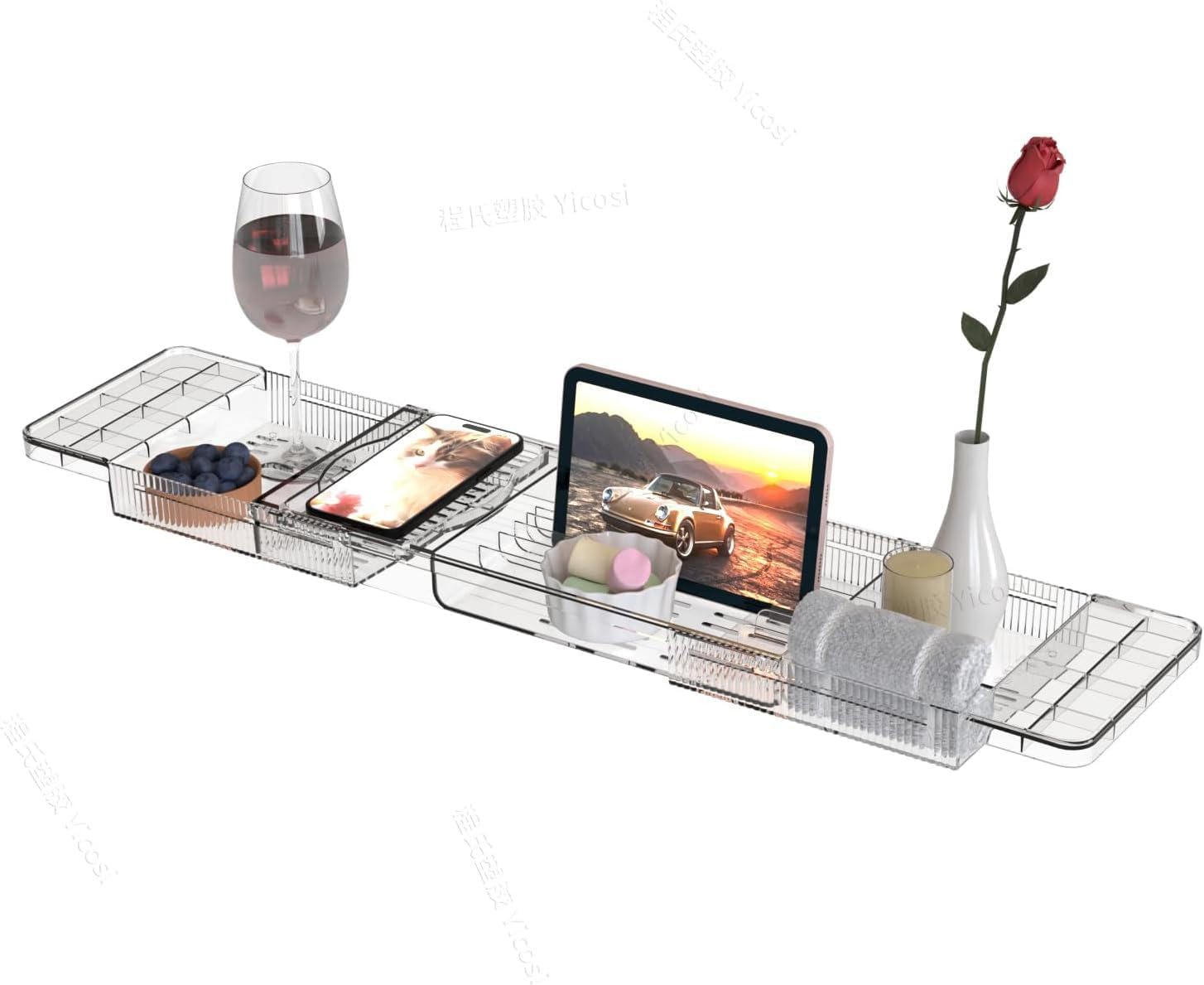 Expandable Bathtub Trays for Tub,Acrylic Bath Shelf Over Tub,with Non-Slip Design iPad Holder for Books Phone，Suitable for Bathtubs with an Internal Width of up to 28 Inch
