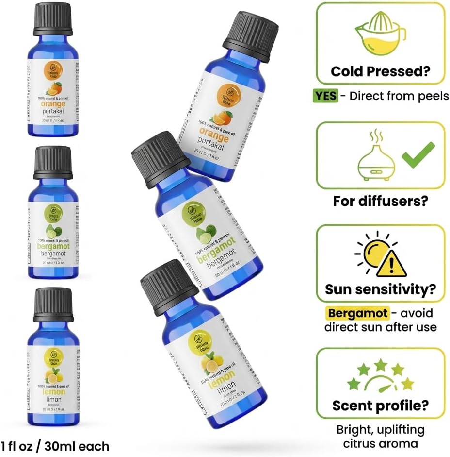Citrus Essential Oils Set – Orange, Bergamot & Lemon, Cold Pressed Citrus Bergamot Oils for Diffuser, 100% Pure Undiluted, 1 fl oz Each, 3-Pack